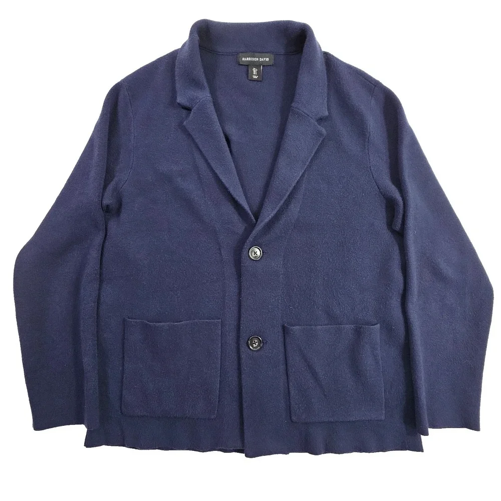 Harrison David Men L Cardigan Sweater Knit Sport Coat Navy Blue Patch Pockets
